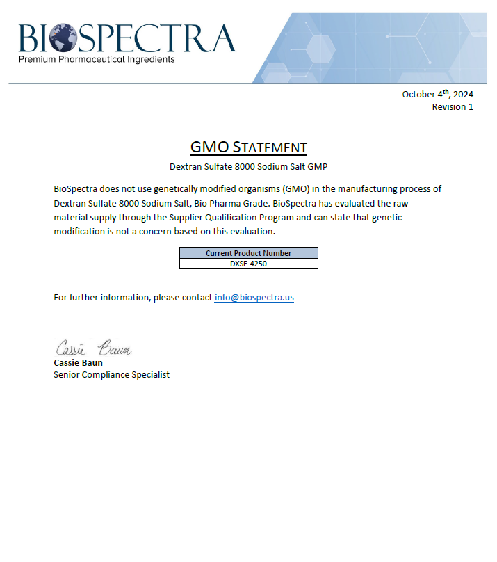 Dextran Sulfate MW 8,000 GMO Statement