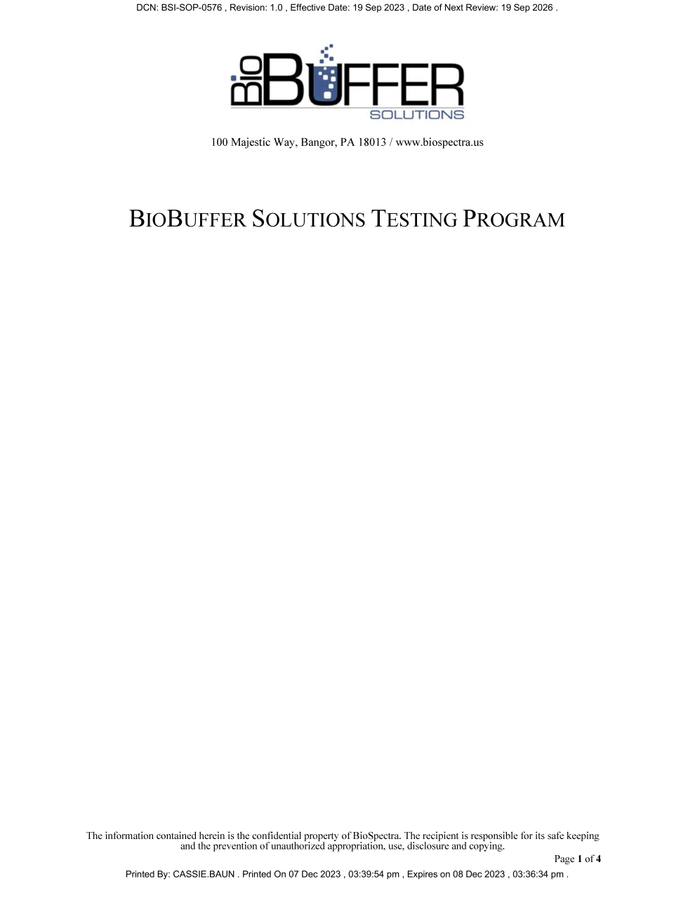 BSI-SOP-0576 BioBuffer Solutions Testing Program BBS Testing Requiremets