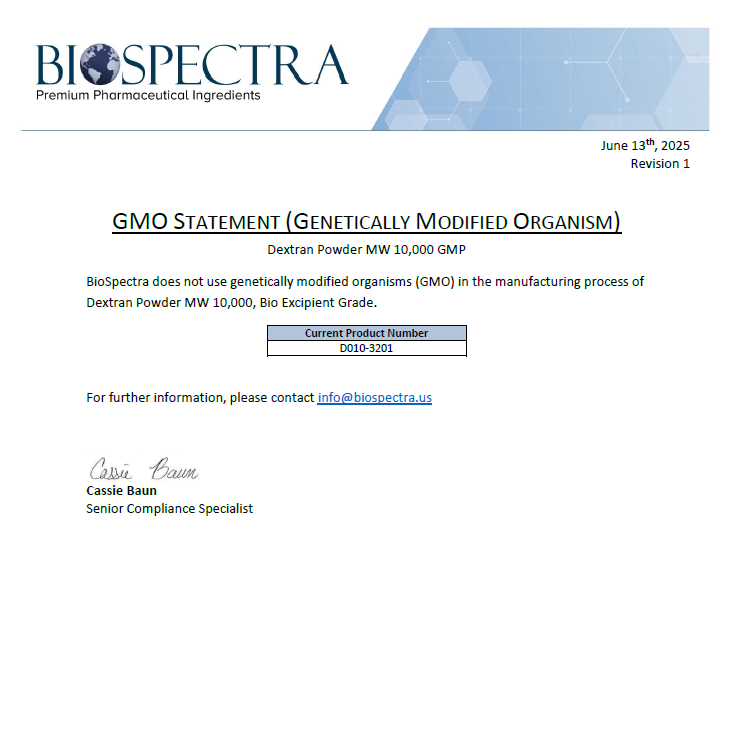 Dextran Powder, MW 10,000 GMO Statement