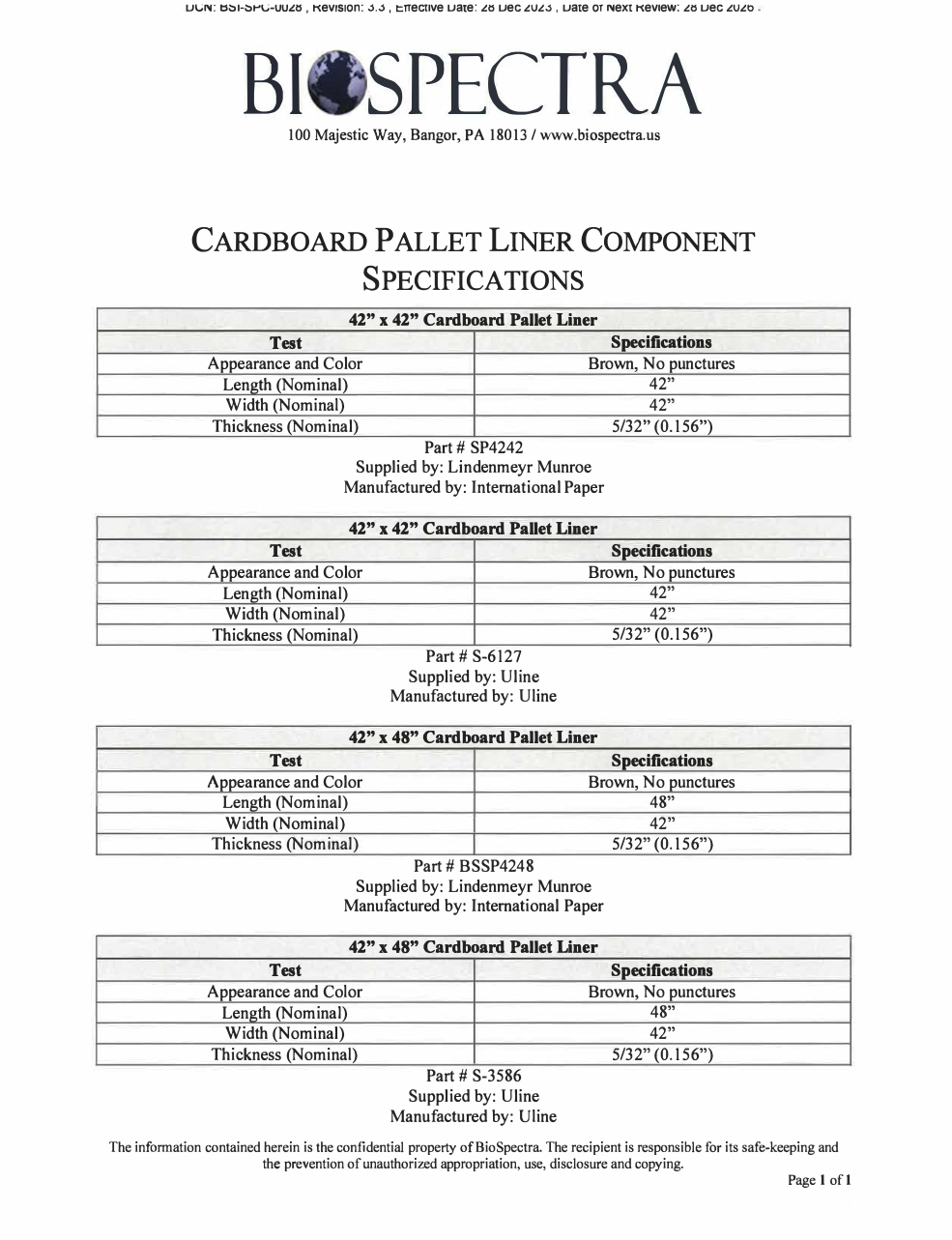 Cardboard Pallet Liner Component Specifications