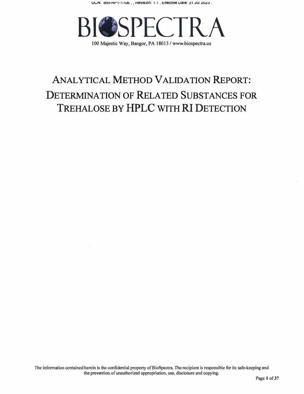 Analytical Method Validation Report Determination of Related Substances for Trehalose