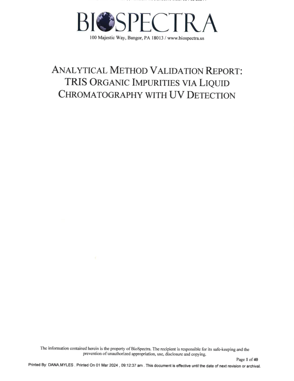 Analytical Method Validation Report TRIS Organic Impurities via Liquid Chromatography with UV Detection