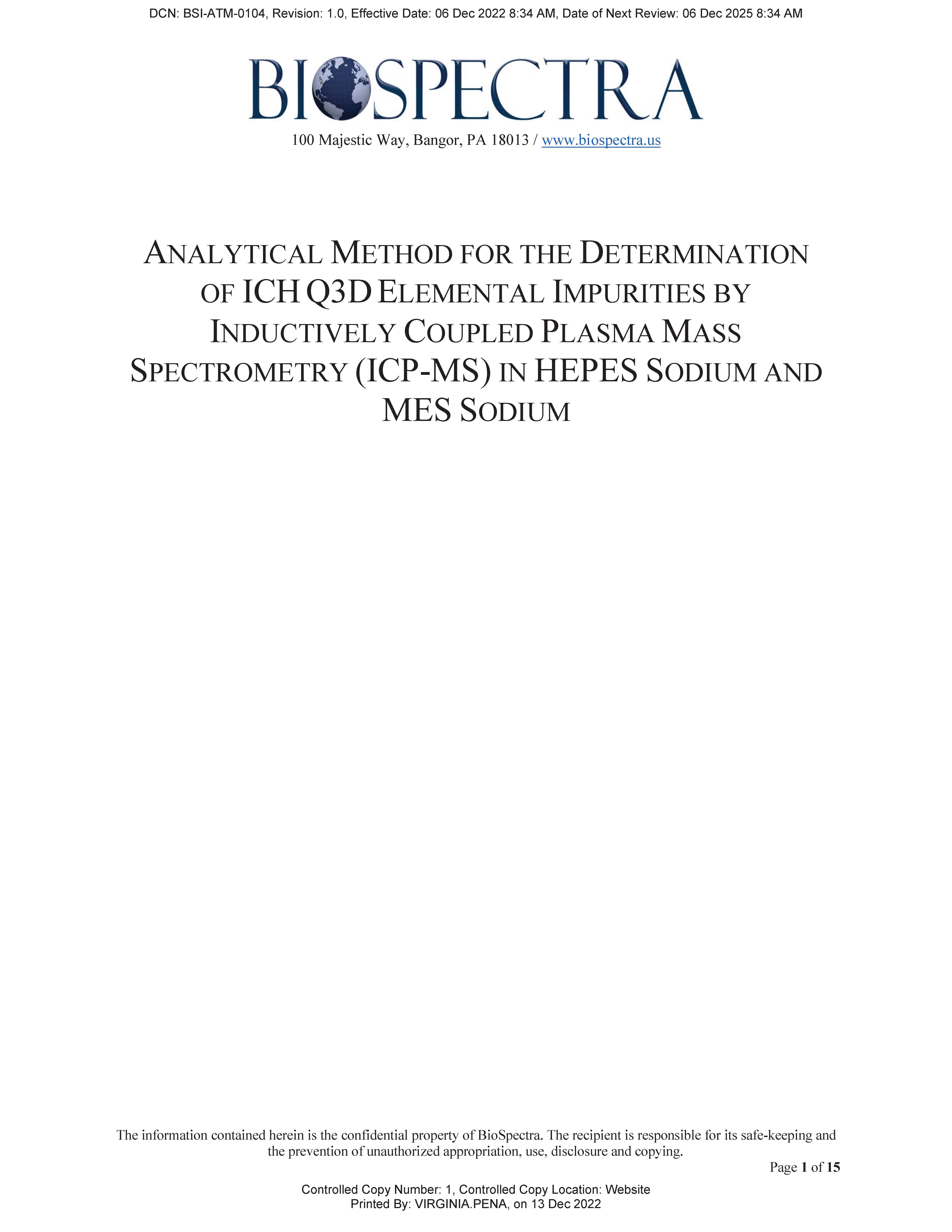 Analytical Method Determination of Elemental Impurities in MES Sodium and HEPES Sodium by ICP-MS