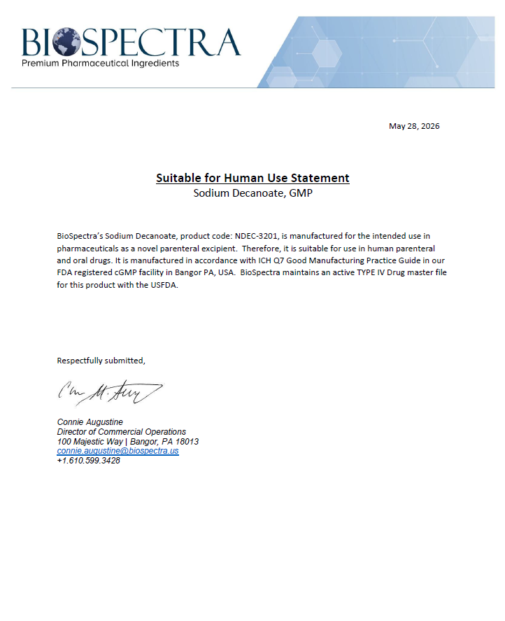 Sodium Decanoate Suitable for Human Use Statement