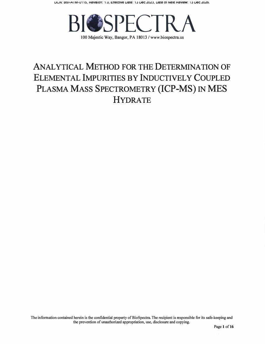 Analytical Method for the Determination of Elemental Impurities by Inductively Coupled Plasma Mass Spectrometry in Mes Hydrate