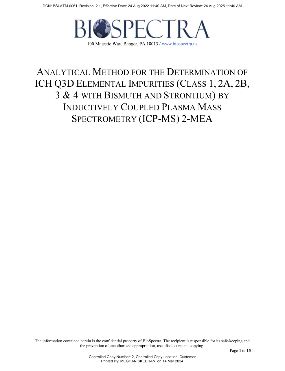 2MEA Analytical Method for the Determination of ICH-Q3D Elemental Impurities with Bismuth and Strontium