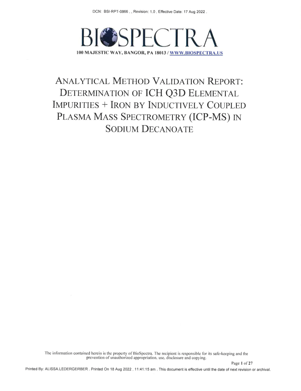 Sodium Decanoate Analytical Method Validation Report Determination of ICH Q3D