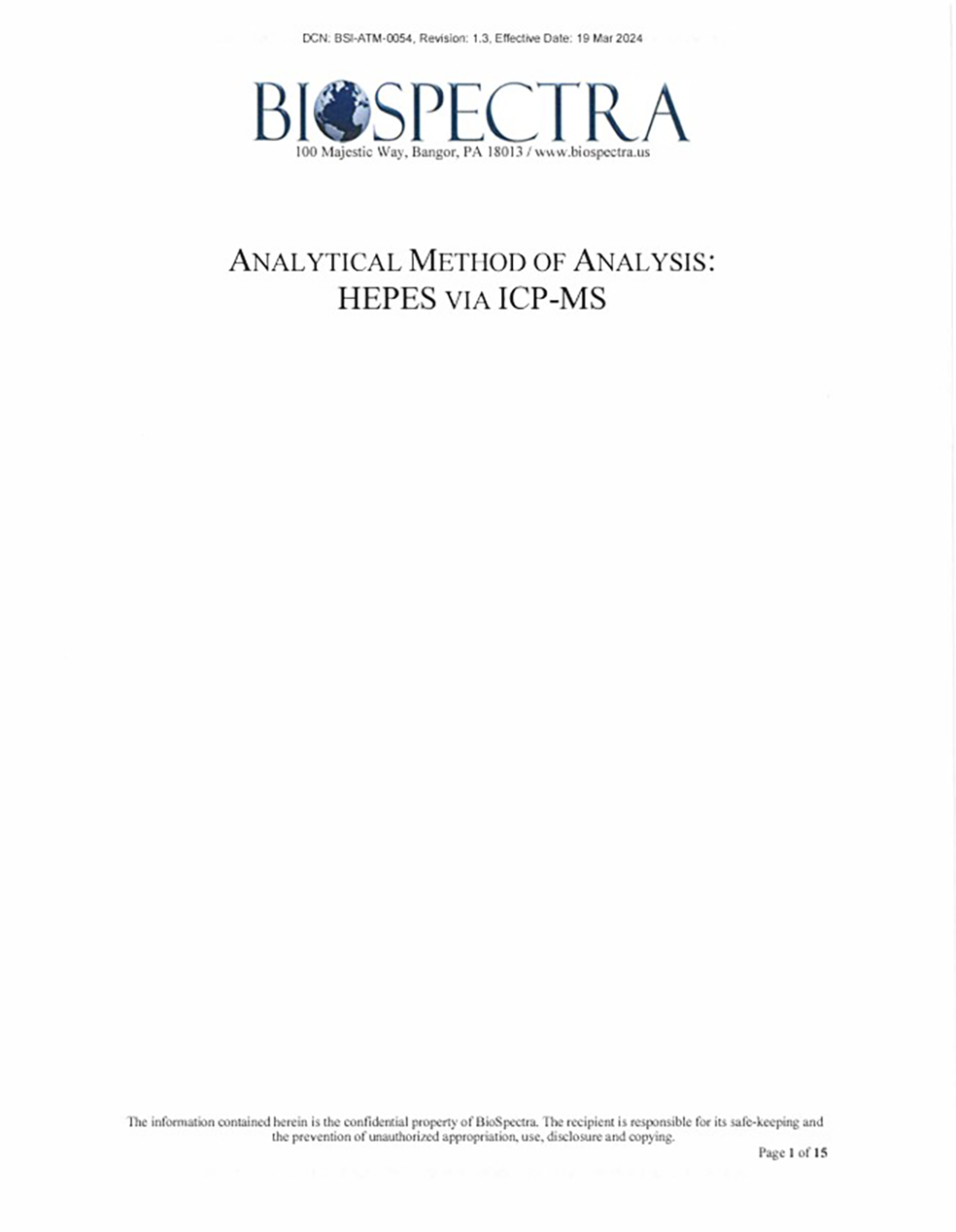 Analytical Method of Analysis: HEPES via ICP-MS