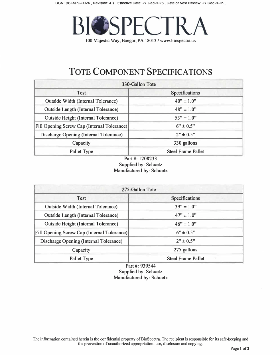 Tote Component Specifications