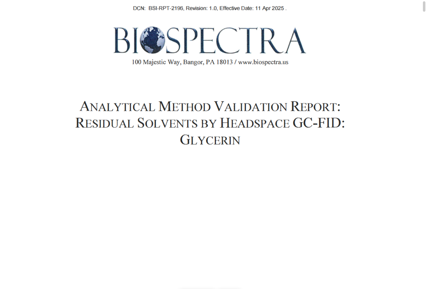 Analytical Method Validation Report - Glycerin Residual Solvents by Headspace GC-FID