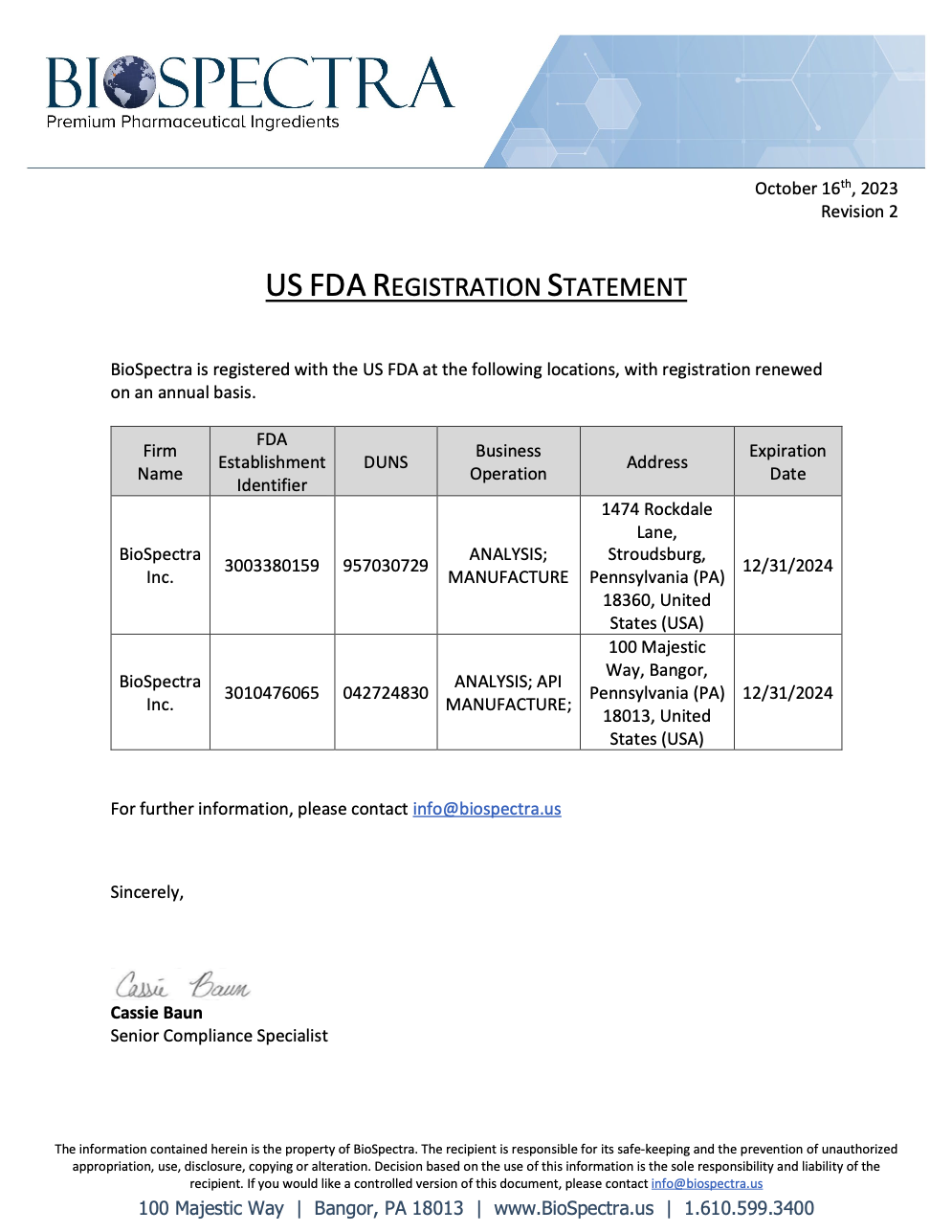 FDA Registration Statement Bangor and Stroudsburg