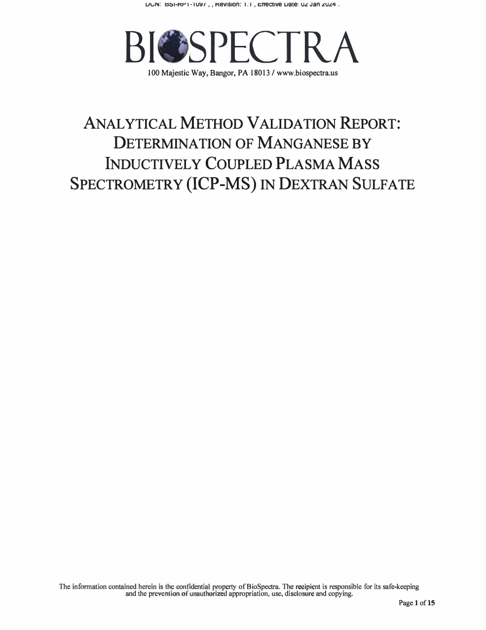 Analytical Method Validation Report: Determination of Manganese by Inductively Coupled Plasma Mass Spectrometry (ICP-MS) in Dextran Sulfate 